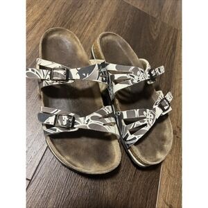 Birkis Tahiti Sandals Double Strap In Floral Cream And Brown Size 8